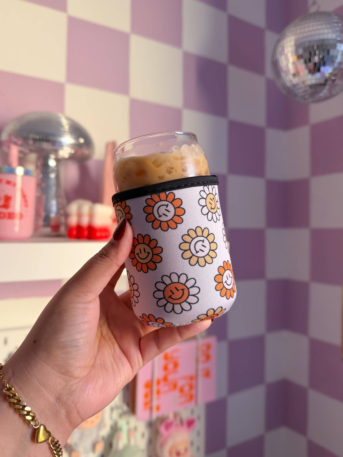 Smiley flower coffee sleeve, iced coffee Koozie