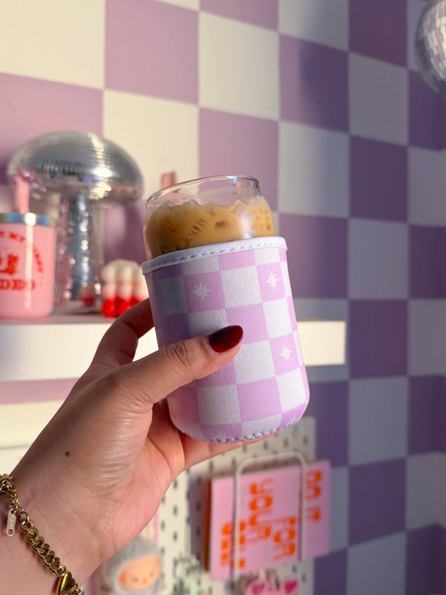 Lilac chackered coffee sleeve, iced coffee Koozie