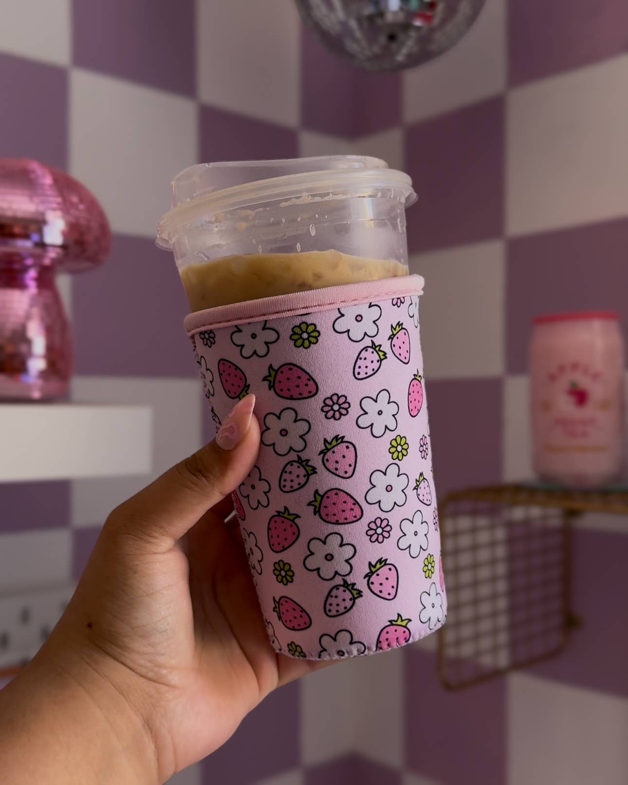Strawberry and flowers iced Coffee sleeve, Koozie