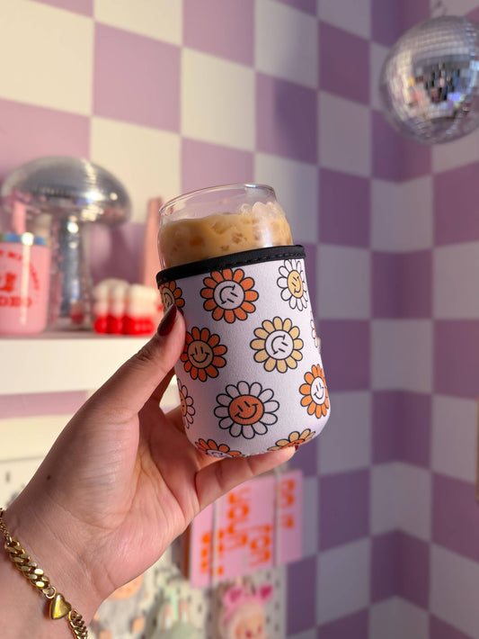 Smiley flower coffee sleeve, iced coffee Koozie 