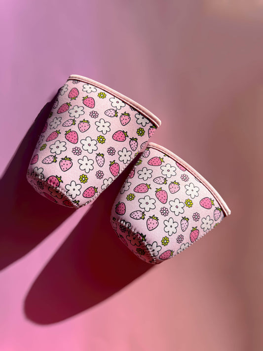 Strawberry and flowers iced Coffee sleeve, Koozie  